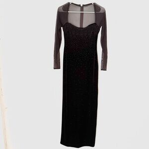 TADASHI Neiman‎ Marcus Brown Velvet Beaded Embellished Sheer Sleeve Gown